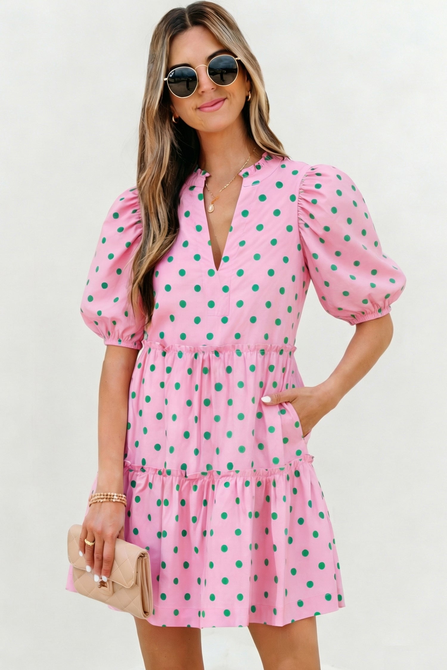 Pink Polka Dot Print V Neck Short Sleeve Tiered Mini Dress-TOPS / DRESSES-[Adult]-[Female]-2022 Online Blue Zone Planet