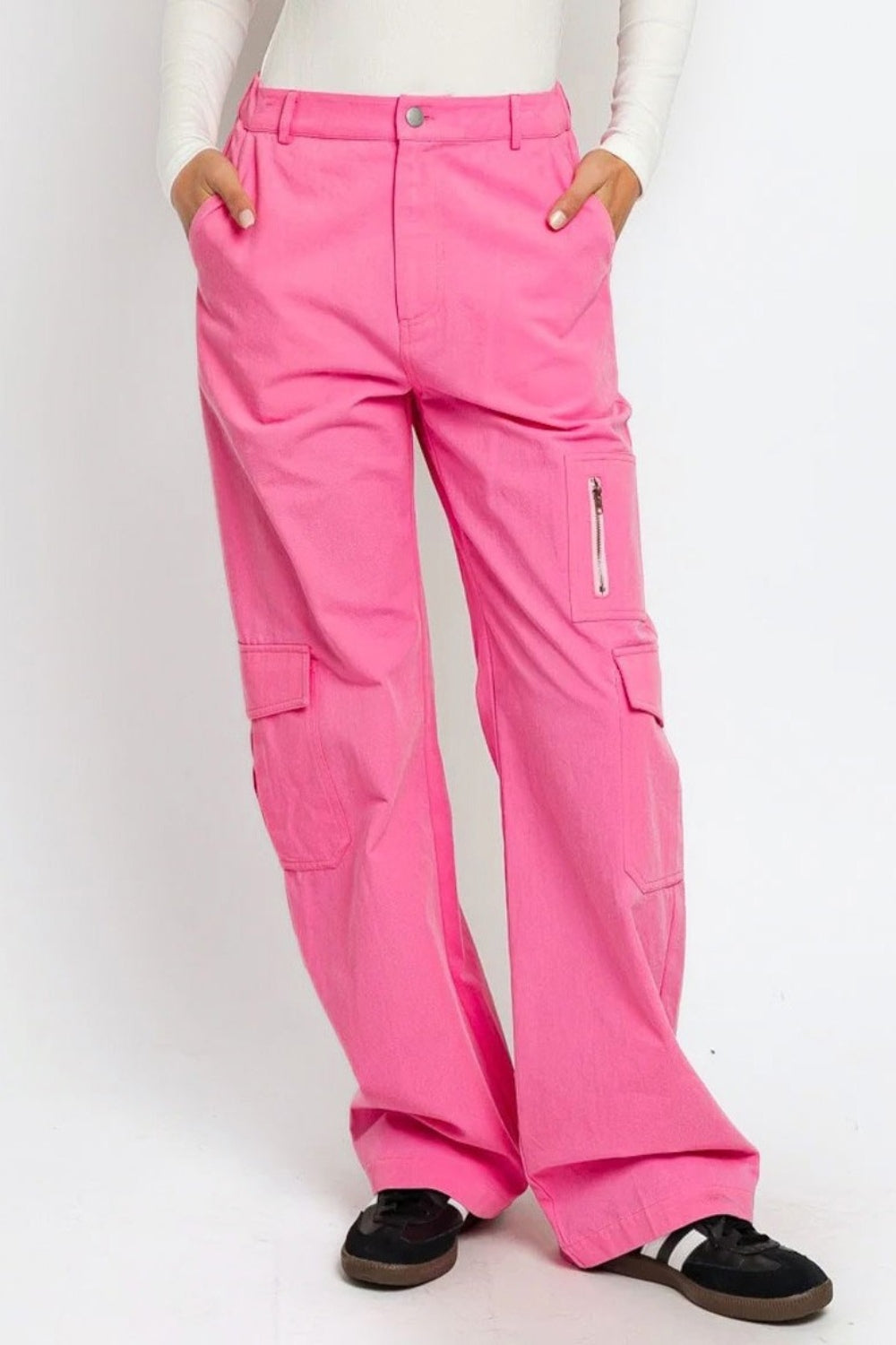 Blue Zone Planet | Le Lis High Waisted Wide Leg Cargo Pants with Pockets-BOTTOMS SIZES SMALL MEDIUM LARGE-[Adult]-[Female]-Pink-XS-2022 Online Blue Zone Planet