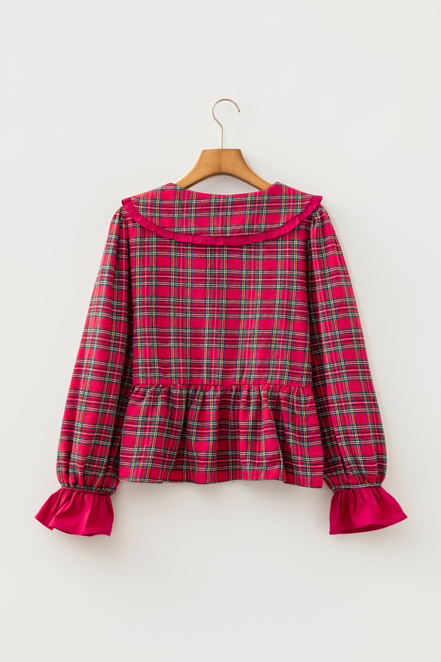 Red Plaid Tie Neck Ruffle Cuffs Long Sleeve Shift Blouse-Tops/Blouses & Shirts-[Adult]-[Female]-2022 Online Blue Zone Planet