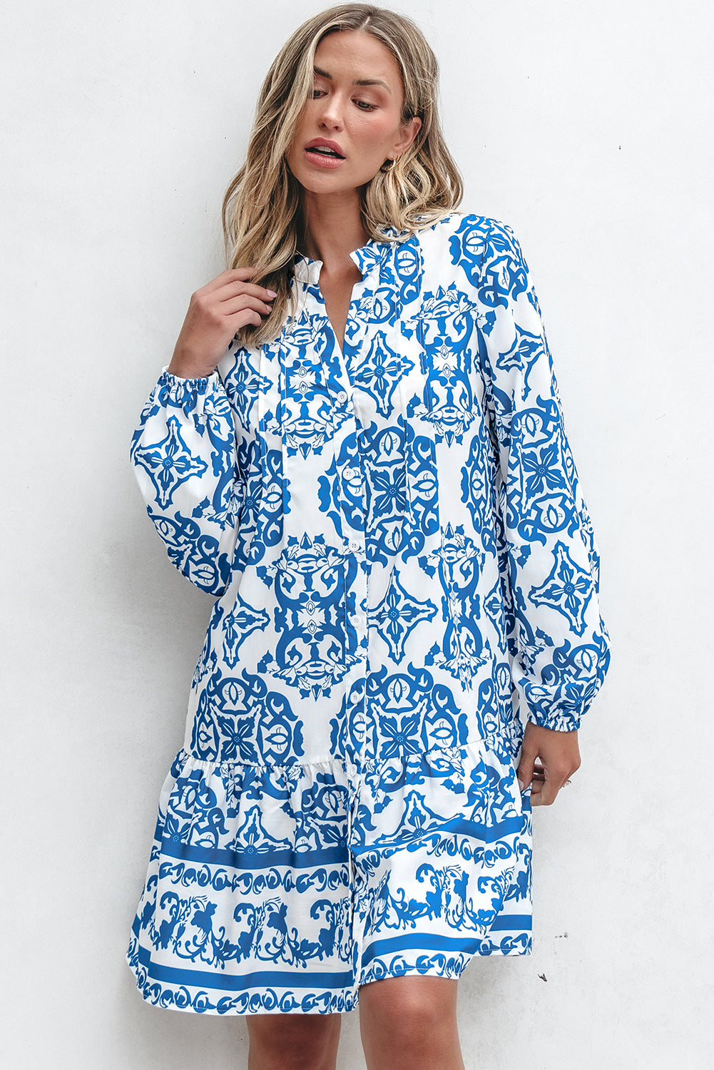 Blue Zone Planet | Sky Blue Tribal Print Button Up Notch Neck Loose Mini Dress-TOPS / DRESSES-[Adult]-[Female]-2022 Online Blue Zone Planet