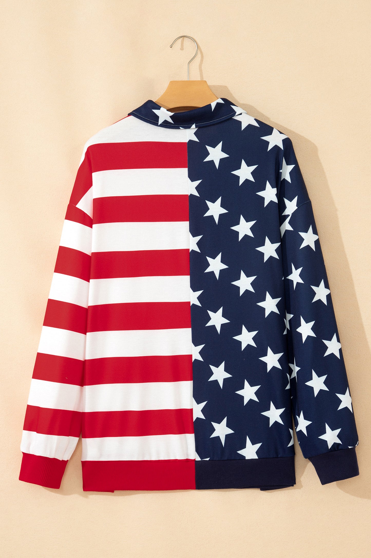 Multicolour Stars Stripes American Flag Zipped Collar Oversized Sweatshirt-Tops/Sweatshirts & Hoodies-[Adult]-[Female]-2022 Online Blue Zone Planet