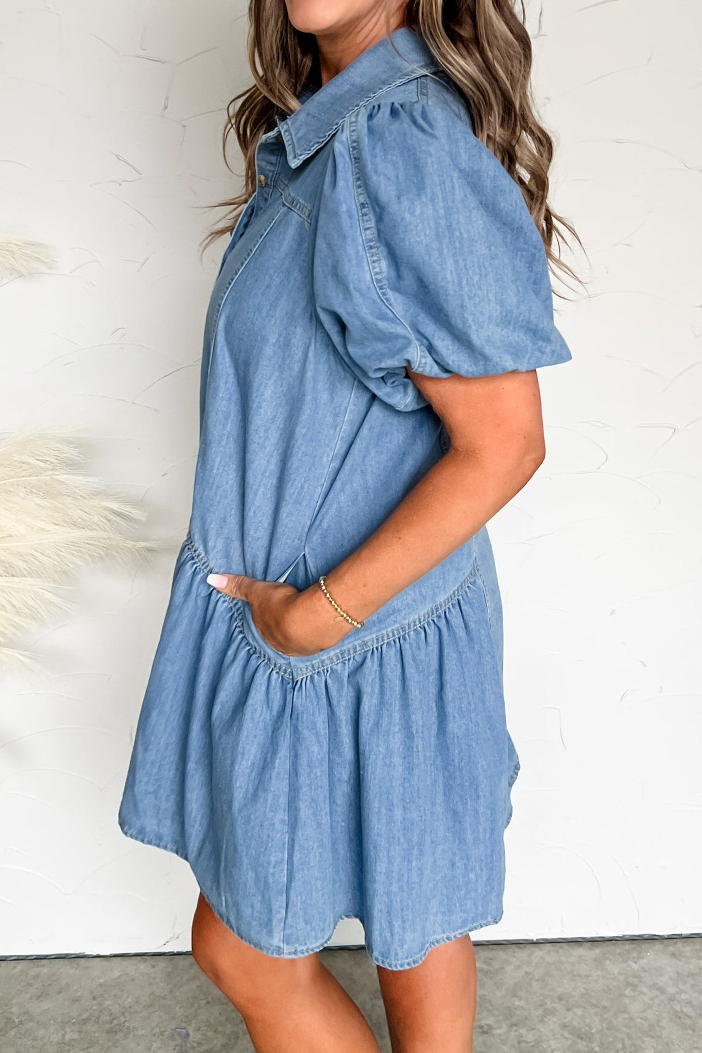 Beau Blue Button Down Short Puff Sleeve Ruffle Hem Patchwork Denim Dress-Dresses/Mini Dresses-[Adult]-[Female]-2022 Online Blue Zone Planet
