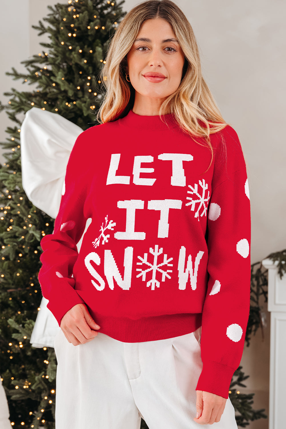 Red Dahlia Let It Snow Graphic Christmas Holiday Loose Sweater-TOPS / DRESSES-[Adult]-[Female]-2022 Online Blue Zone Planet