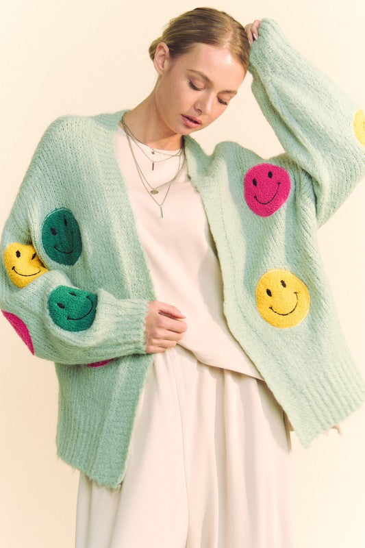 Davi & Dani Fuzzy Smile Open Front Long Sleeve Cardigan-TOPS / DRESSES-[Adult]-[Female]-Sage-S-2022 Online Blue Zone Planet