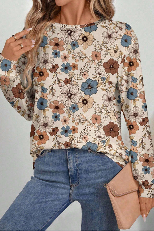 Khaki Floral Print Loose Crew Neck Long Sleeve T Shirt