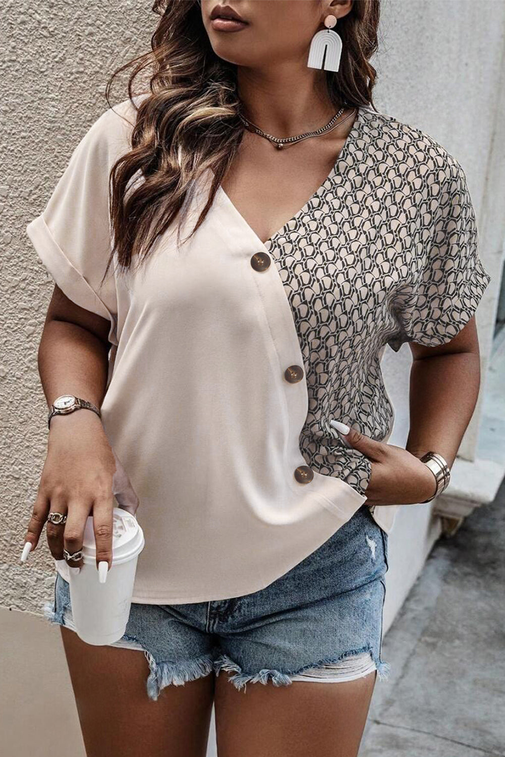 Oatmeal Contrast Geometric Print Patchwork V Neck Short Sleeve Plus Size Top-Plus Size/Plus Size Tops/Plus Size Blouses & Shirts-[Adult]-[Female]-2022 Online Blue Zone Planet