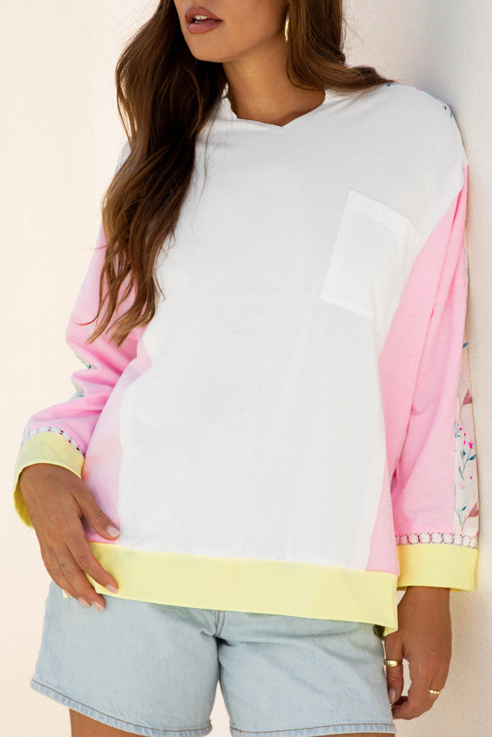 White Floral Colorblock Patchwork Chest Pocket Notched Neck Long Sleeve Top-Tops/Sweatshirts & Hoodies-[Adult]-[Female]-2022 Online Blue Zone Planet