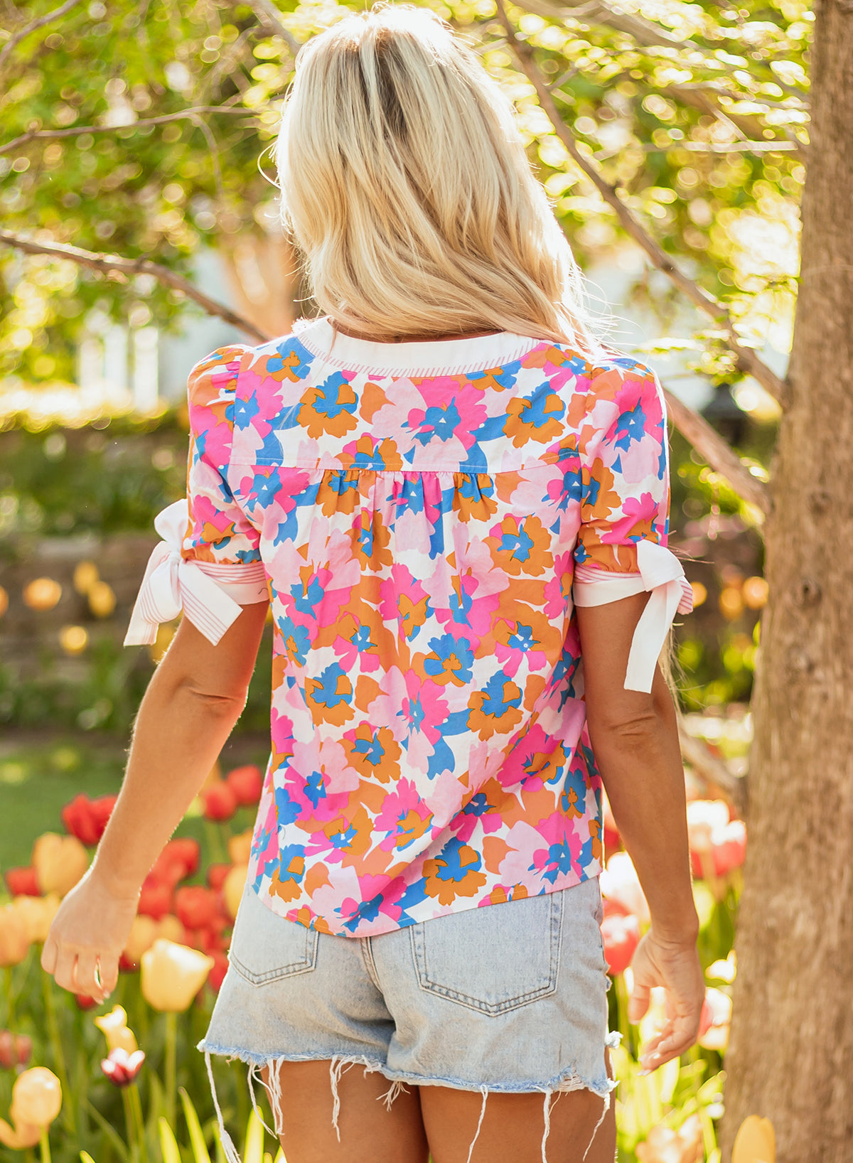 White Floral Colorblock Striped Edge V Neck Knotted Short Sleeve Blouse-Tops/Blouses & Shirts-[Adult]-[Female]-2022 Online Blue Zone Planet