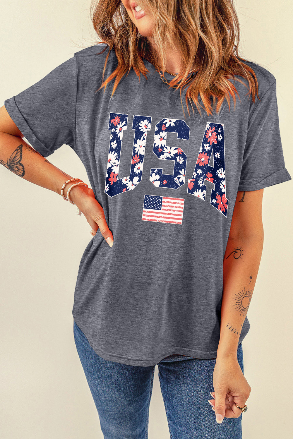 Gray Blooming USA Flag Print Casual T Shirt-Graphic/Graphic Tees-[Adult]-[Female]-2022 Online Blue Zone Planet