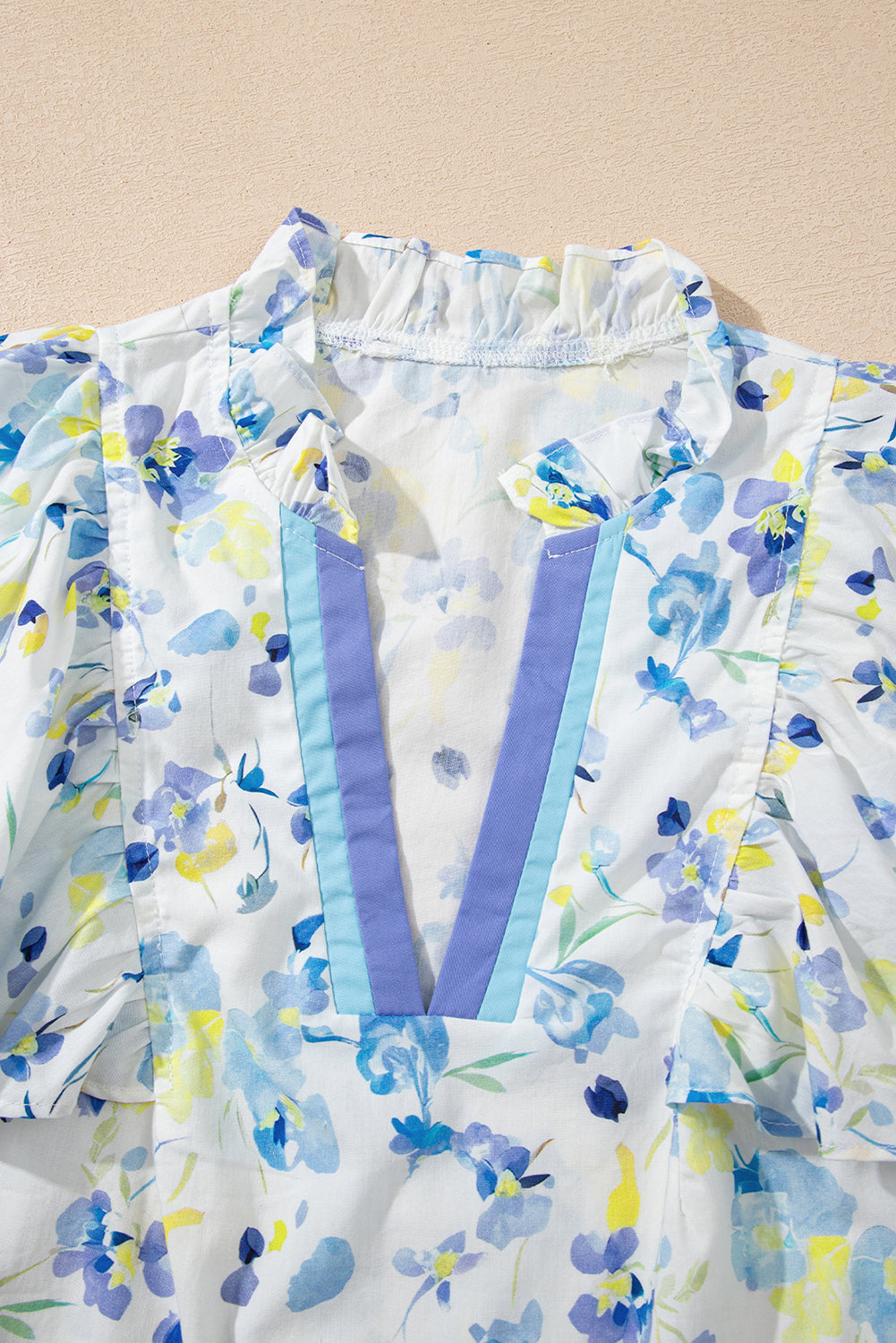 Sky Blue Floral Print Frilled Notched V Neck Blouse-Tops/Blouses & Shirts-[Adult]-[Female]-2022 Online Blue Zone Planet