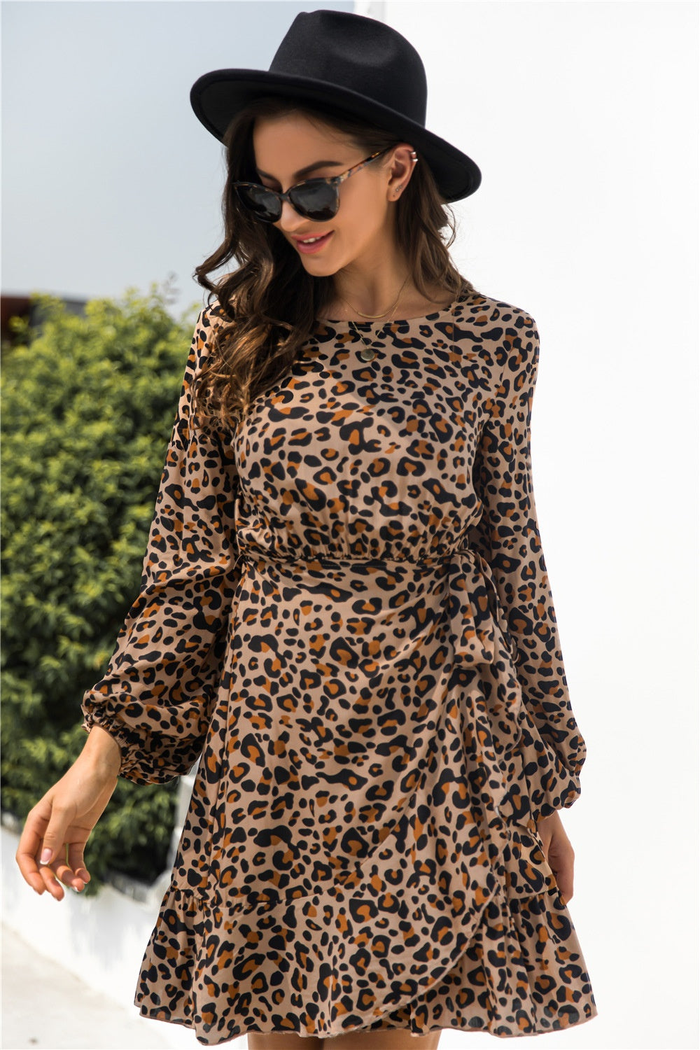 Animal Print Round Neck Balloon Sleeve Mini Dress-TOPS / DRESSES-[Adult]-[Female]-2022 Online Blue Zone Planet