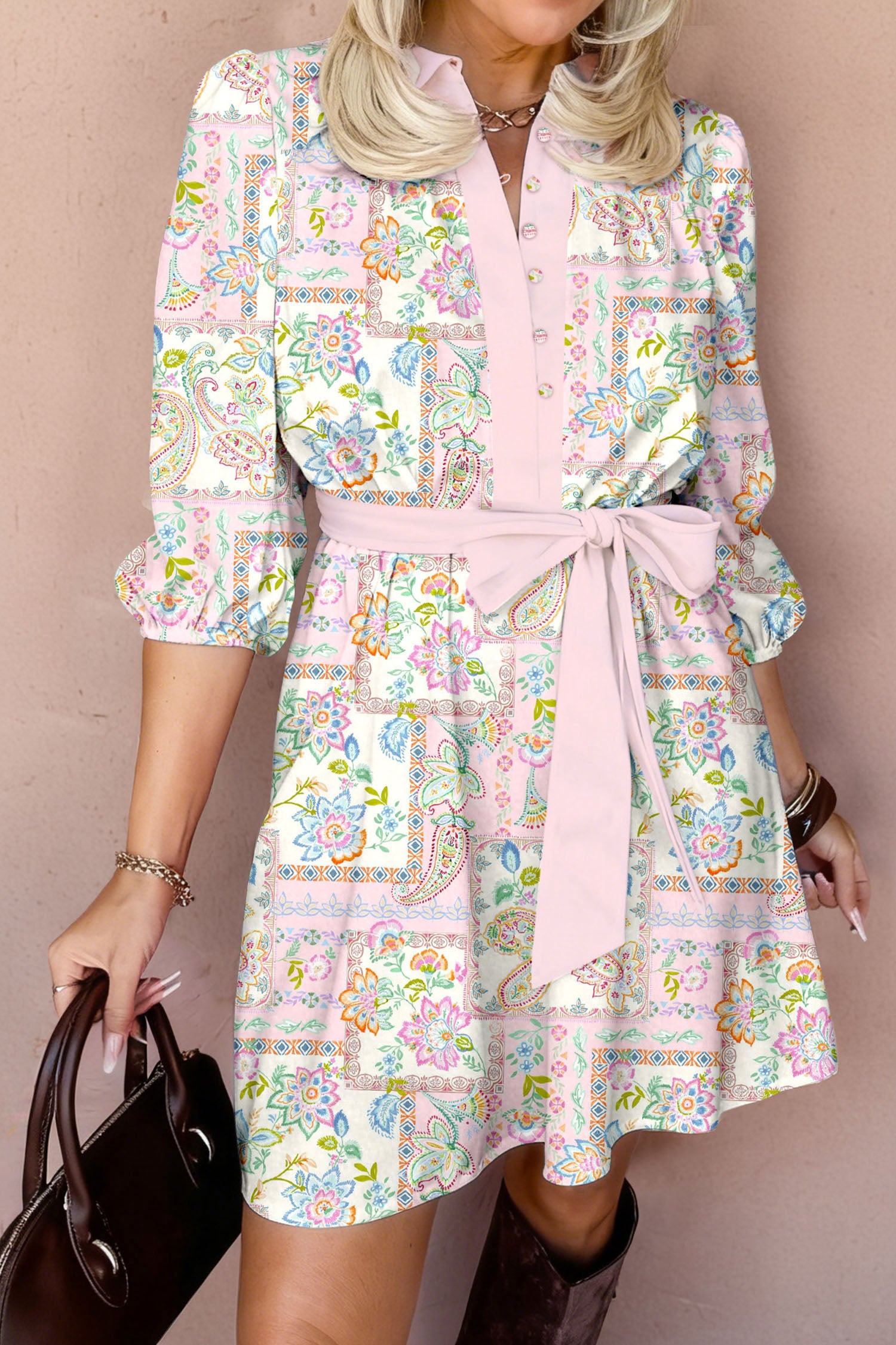 Pink Boho Floral Print Color Block Trim Half Button Belted Mini Dress-Dresses/Floral Dresses-[Adult]-[Female]-Pink-S-2022 Online Blue Zone Planet