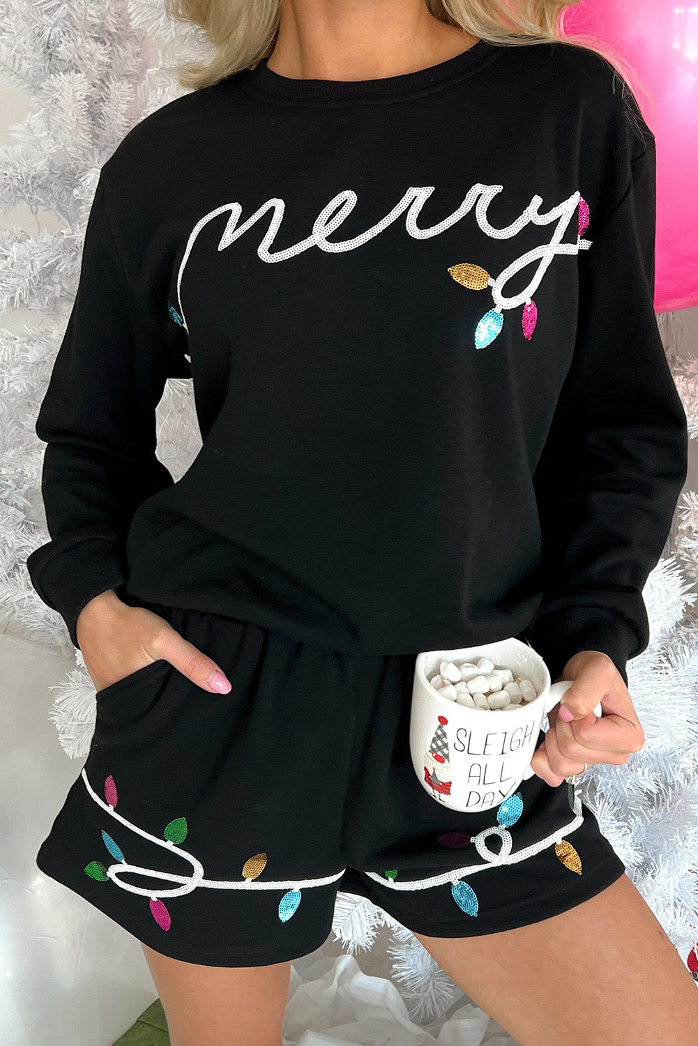 Black Sequin Merry Graphic Pullover and Shorts Outfit-Two Piece Sets/Short Sets-[Adult]-[Female]-Black-XS-2022 Online Blue Zone Planet