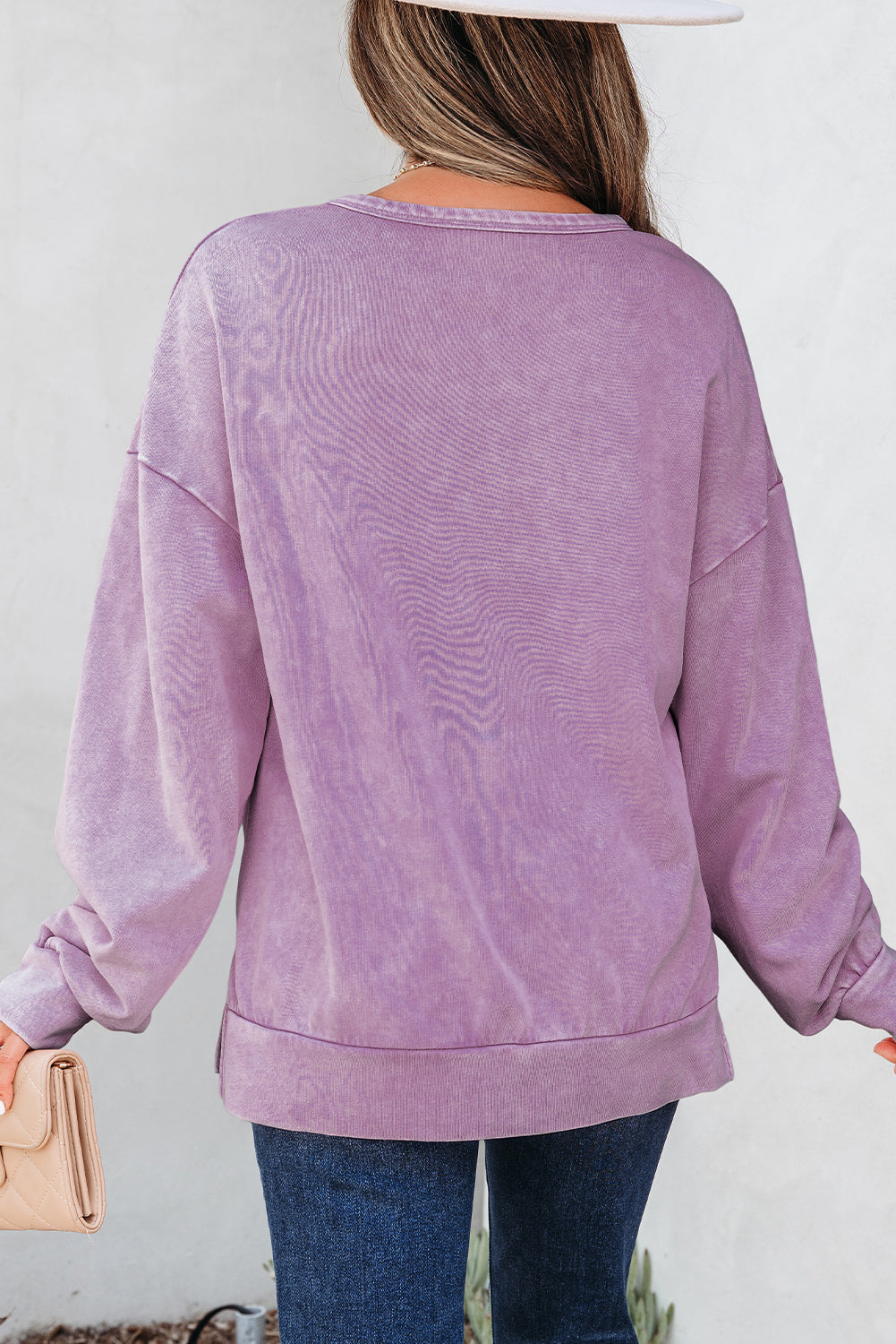 Orchid Bouquet Mineral Wash Big Bow Patchwork Pullover Sweatshirt-Tops/Sweatshirts & Hoodies-[Adult]-[Female]-2022 Online Blue Zone Planet