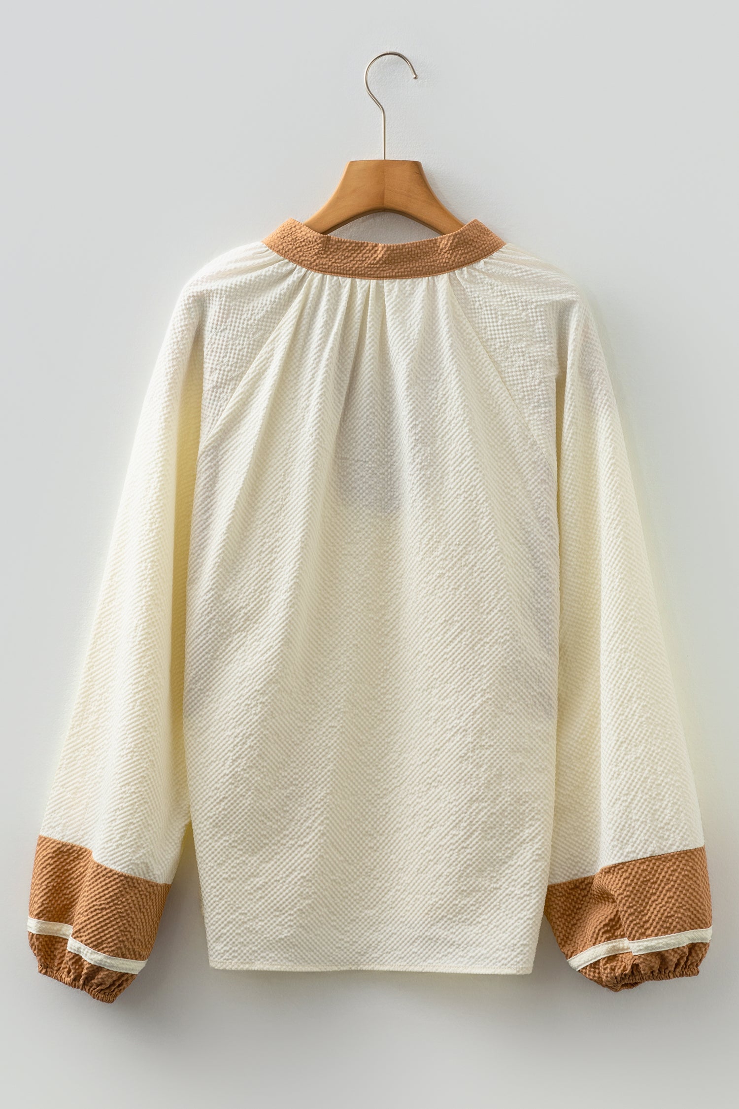 Jet Stream Color Block Patchwork Detail V Neck Textured Long Sleeve Blouse-Tops/Blouses & Shirts-[Adult]-[Female]-2022 Online Blue Zone Planet