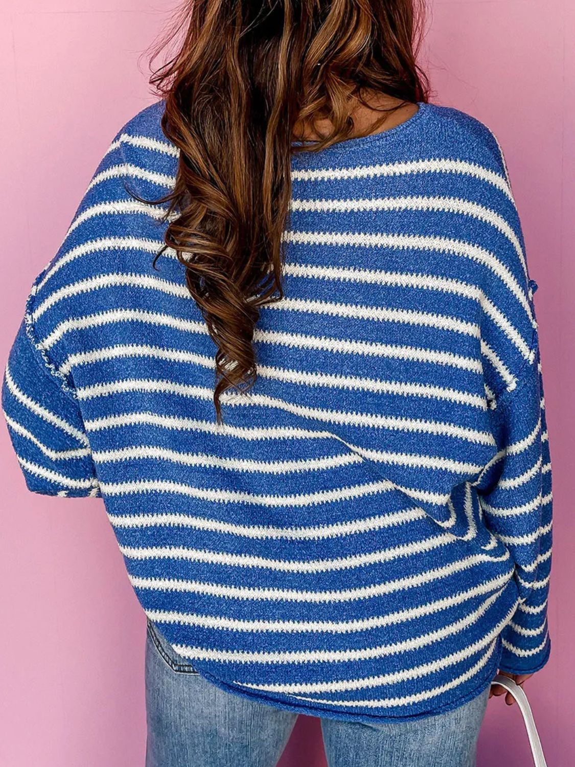 Plus Size Striped Round Neck Dropped Shoulder Sweater-TOPS / DRESSES-[Adult]-[Female]-2022 Online Blue Zone Planet