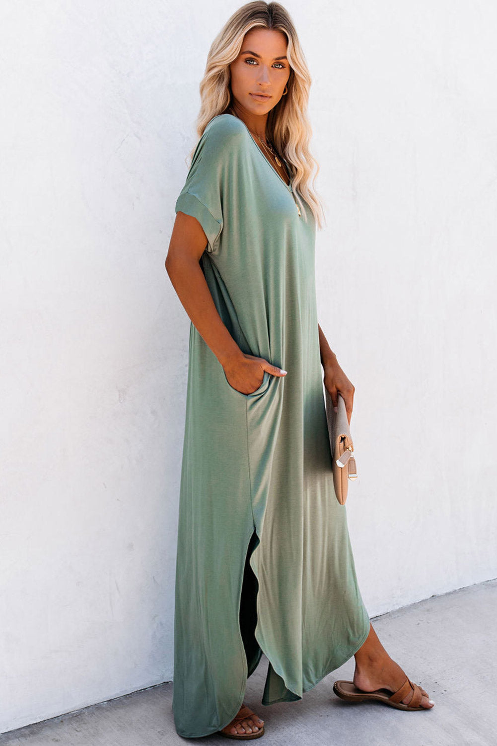 Blue Zone Planet |  Grass Green V Neck Hidden Pocket Splits Maxi T-shirt Dress Blue Zone Planet