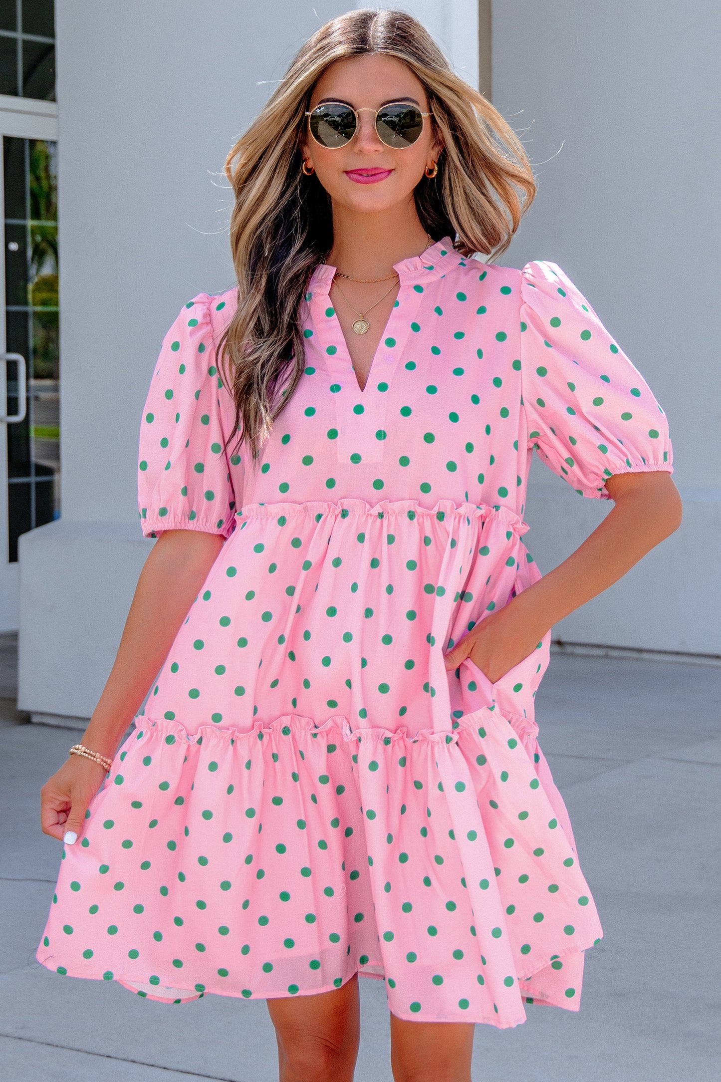 Pink Polka Dot Print V Neck Short Sleeve Tiered Mini Dress-TOPS / DRESSES-[Adult]-[Female]-2022 Online Blue Zone Planet