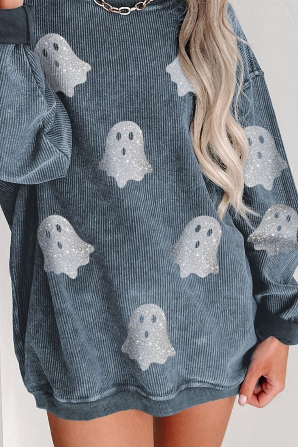 Glitter Ghost Round Neck Long Sleeve Sweatshirt-TOPS / DRESSES-[Adult]-[Female]-2022 Online Blue Zone Planet