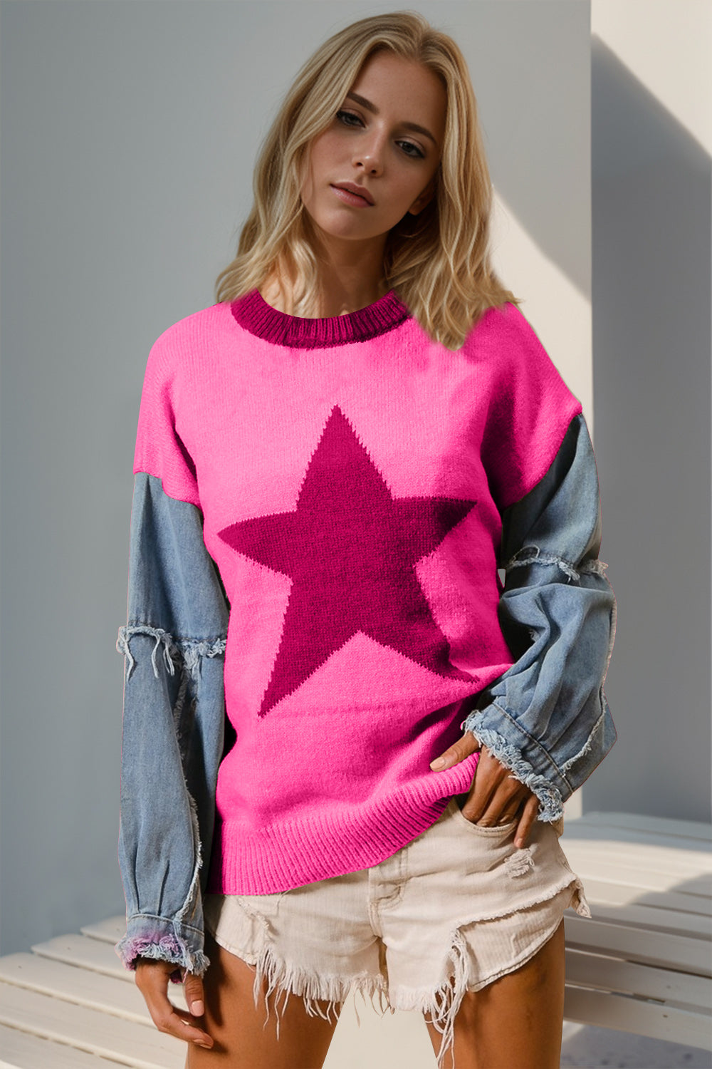 Blue Zone Planet | Double Take Full Size Star Pattern Raw Edge Long Sleeve Sweater-TOPS / DRESSES-[Adult]-[Female]-Hot Pink-S/M-2022 Online Blue Zone Planet