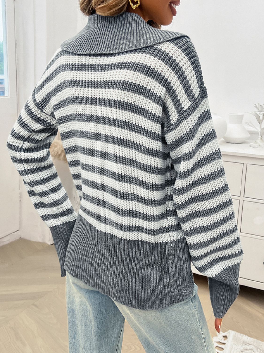 Striped Collared Neck Long Sleeve Sweater-TOPS / DRESSES-[Adult]-[Female]-2022 Online Blue Zone Planet