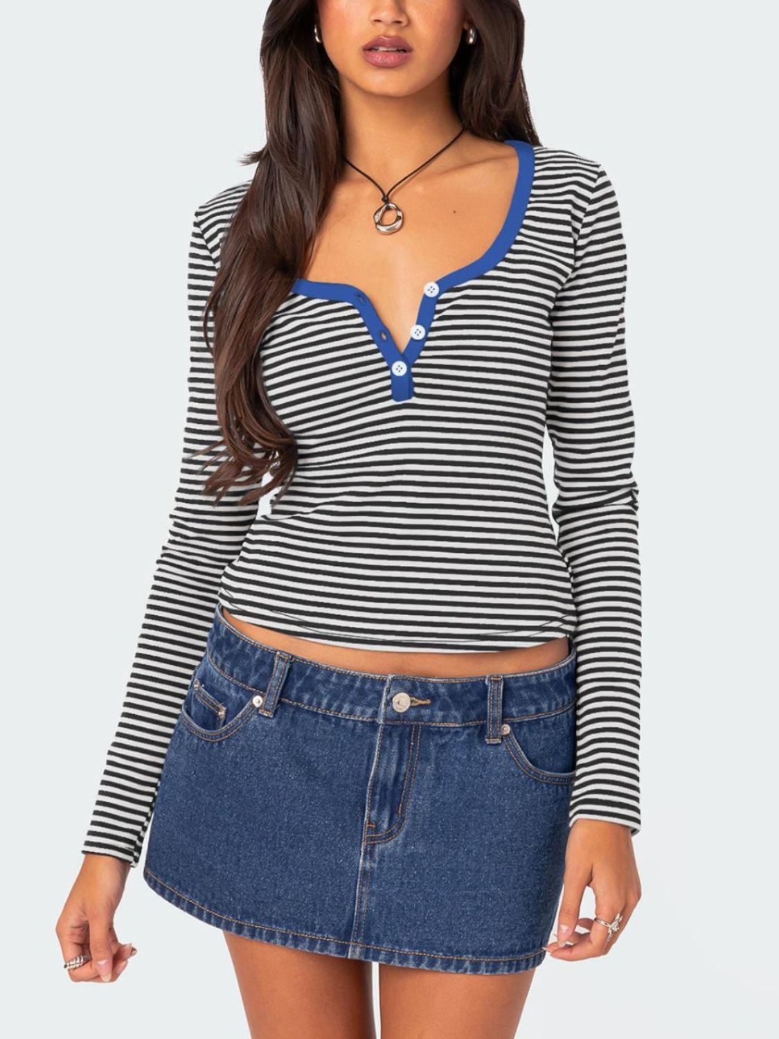 Buttoned Striped Long Sleeve T-Shirt-TOPS / DRESSES-[Adult]-[Female]-Royal Blue-S-2022 Online Blue Zone Planet