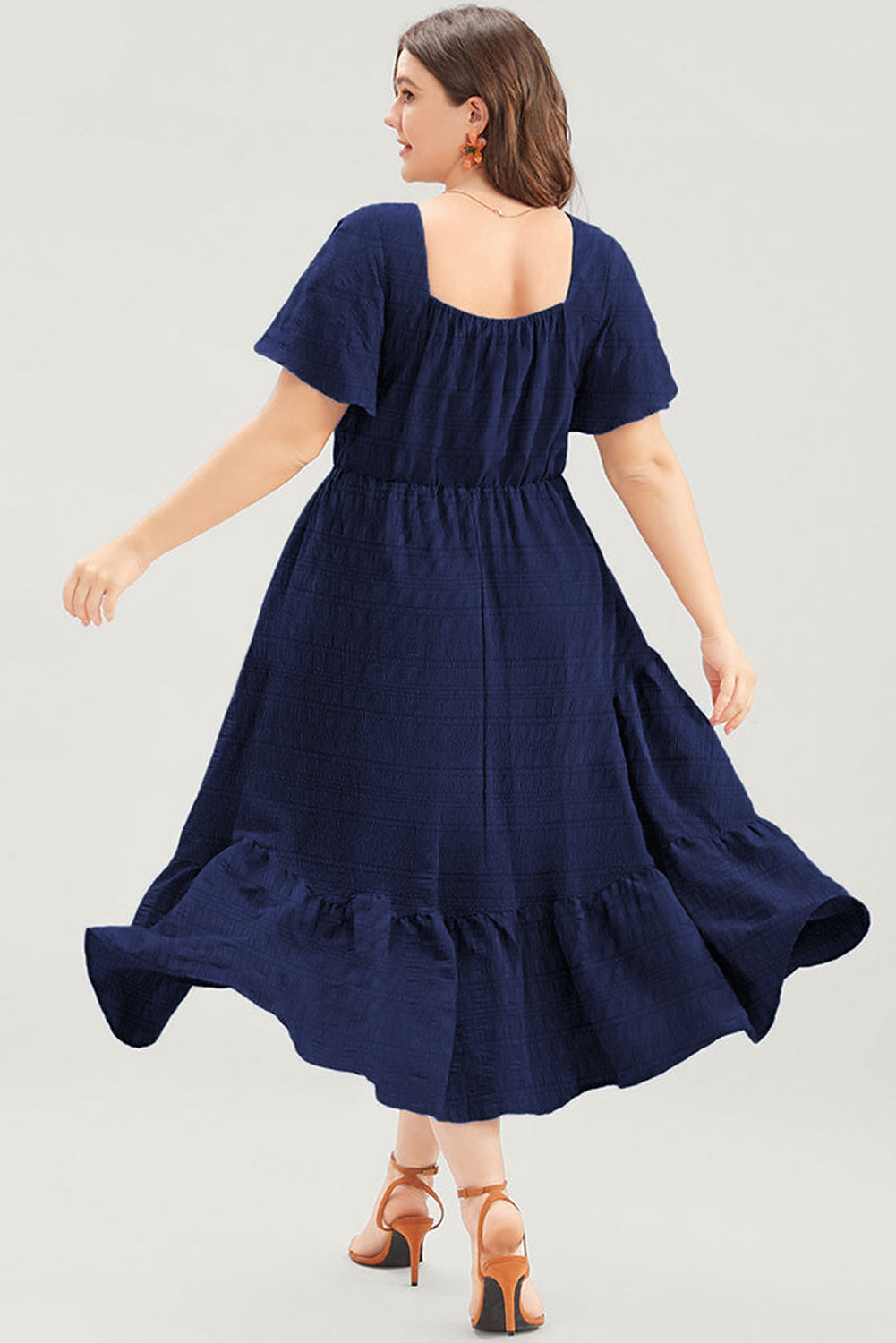 Blue Plus Size Short Sleeve Lace-up High Waist Midi Dress-Plus Size Midi Dresses-[Adult]-[Female]-2022 Online Blue Zone Planet