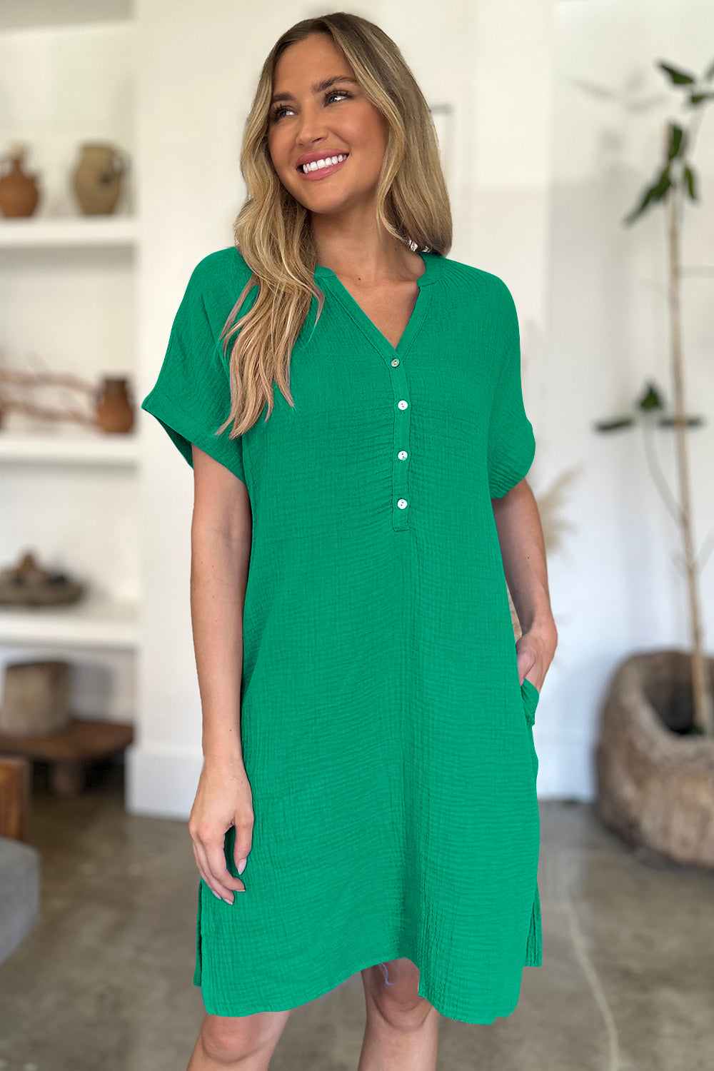 Slit Notched Short Sleeve Mini Dress-TOPS / DRESSES-[Adult]-[Female]-Green-S-2022 Online Blue Zone Planet