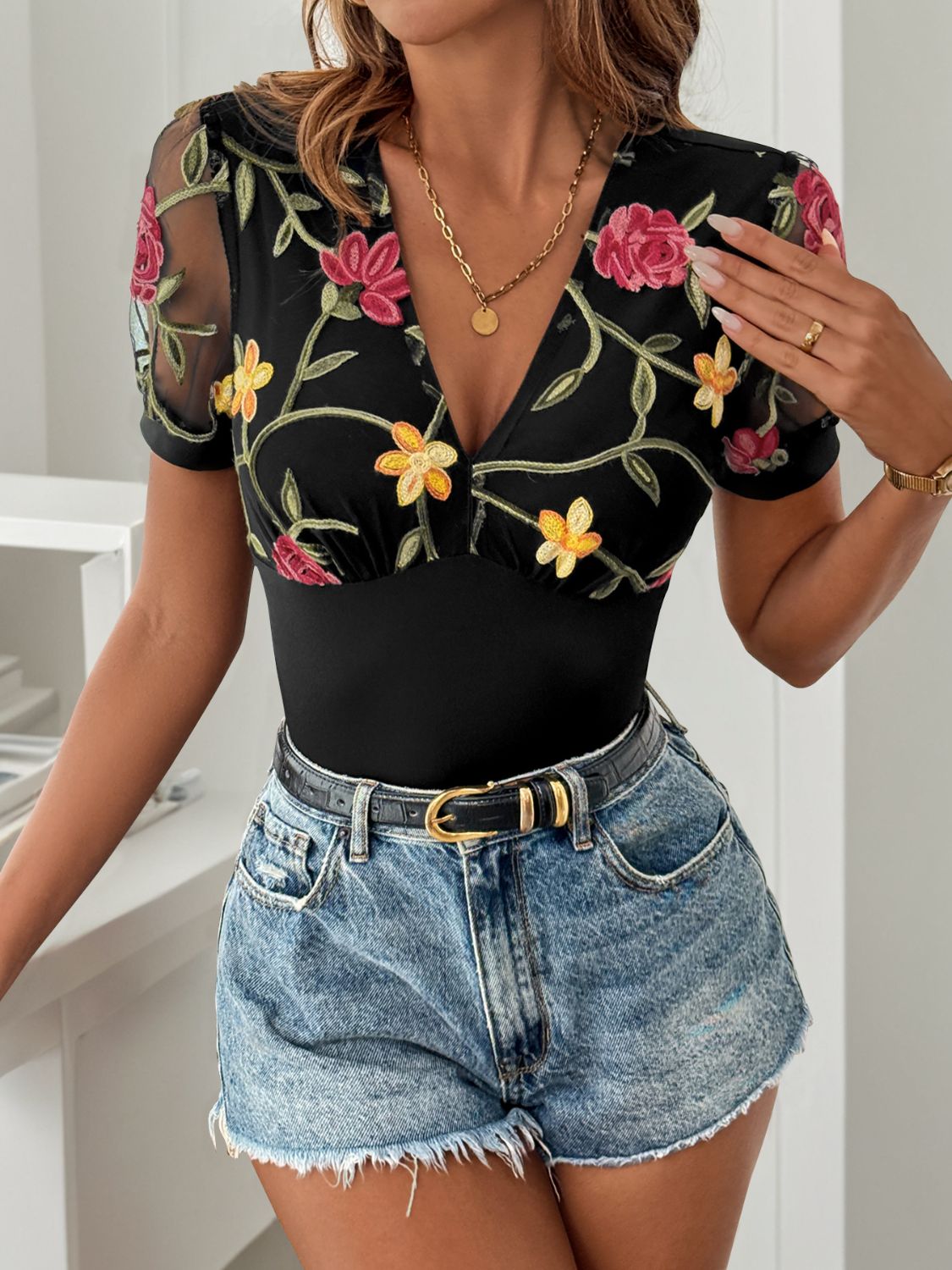 Perfee Embroidered V-Neck Floral Bodysuit-TOPS / DRESSES-[Adult]-[Female]-2022 Online Blue Zone Planet