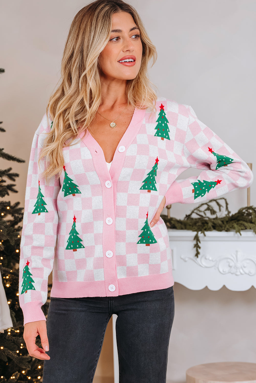 Pink Checkered Christmas Tree Pattern Button V Neck Cardigan Sweater-TOPS / DRESSES-[Adult]-[Female]-2022 Online Blue Zone Planet