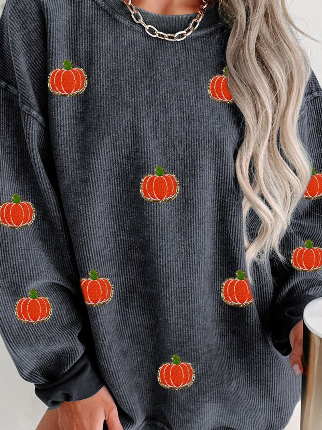 Pumpkin Round Neck Long Sleeve Sweatshirt-TOPS / DRESSES-[Adult]-[Female]-2022 Online Blue Zone Planet