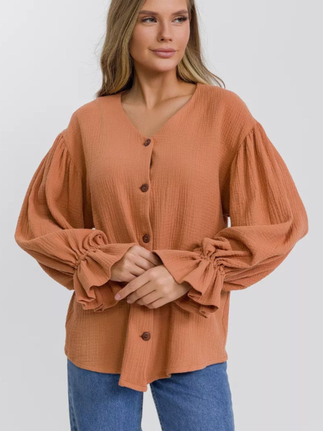 Button Up Flounce Sleeve Shirt-TOPS / DRESSES-[Adult]-[Female]-Ochre-S-2022 Online Blue Zone Planet