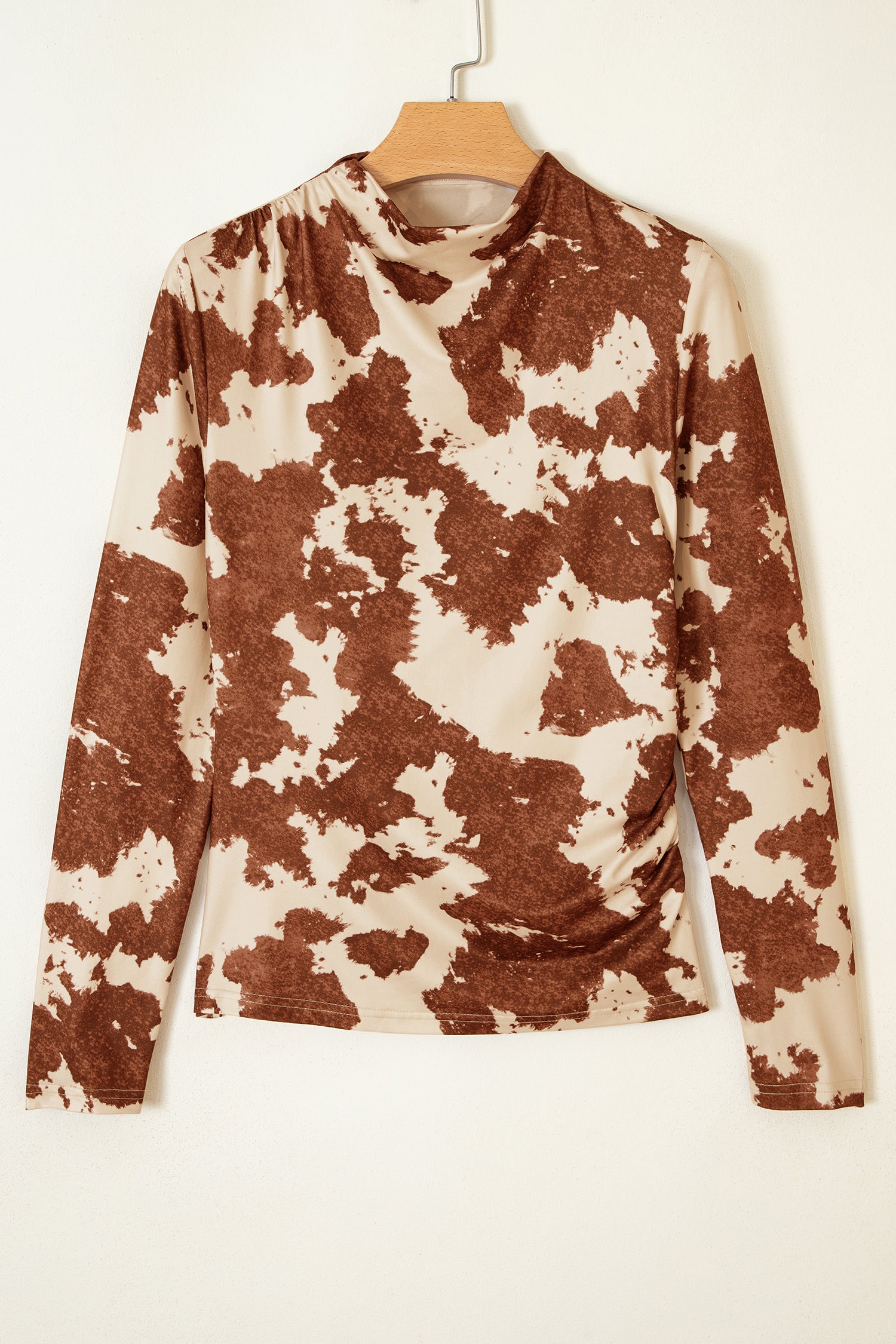 Brown Western Cow Spots Printed High Neck Sheath Long Sleeve Top-Tops/Long Sleeve Tops-[Adult]-[Female]-2022 Online Blue Zone Planet