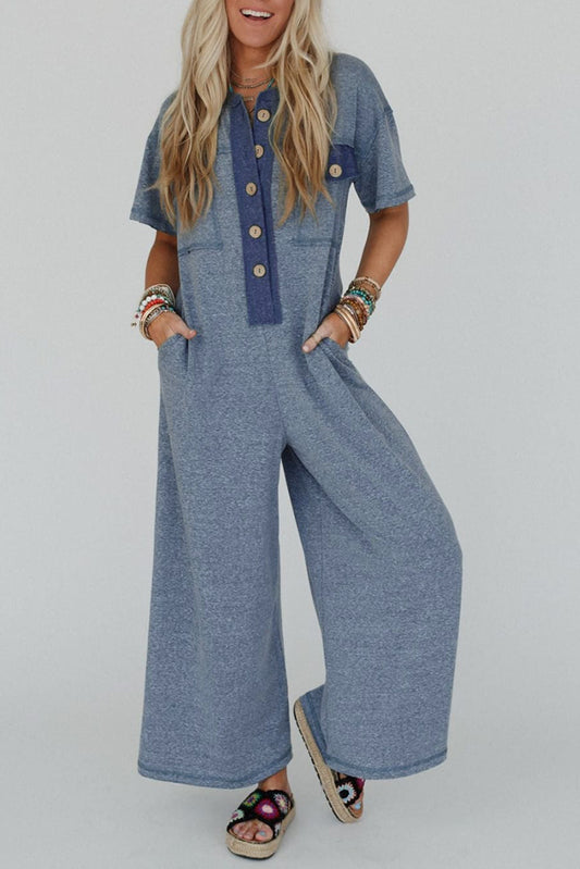 Beau Blue Half Placket Chest Pockets Short Sleeve Wide Leg Jumpsuit-Bottoms/Jumpsuits & Rompers-[Adult]-[Female]-Beau Blue-S-2022 Online Blue Zone Planet