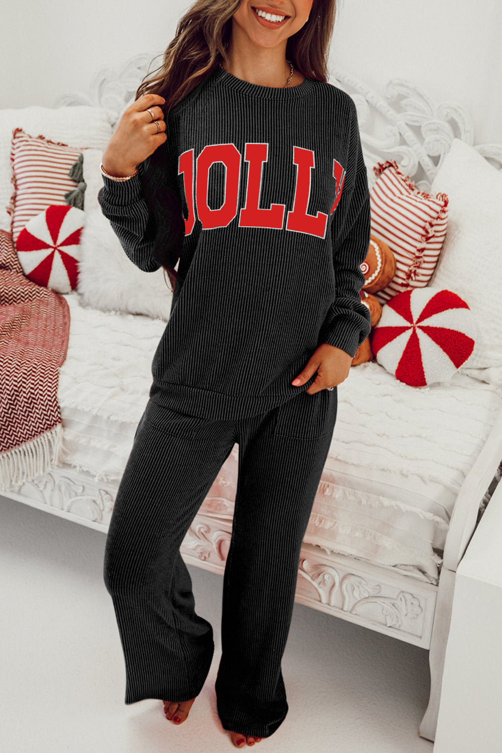 Black JOLLY Corded Long Sleeve Top and Pockets Pants Set-Two Piece Sets/Pant Sets-[Adult]-[Female]-Black-S-2022 Online Blue Zone Planet
