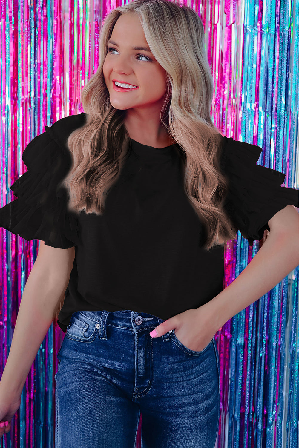 Dark Green Tulle Ruffle Sleeve Blouse-Tops/Blouses & Shirts-[Adult]-[Female]-2022 Online Blue Zone Planet