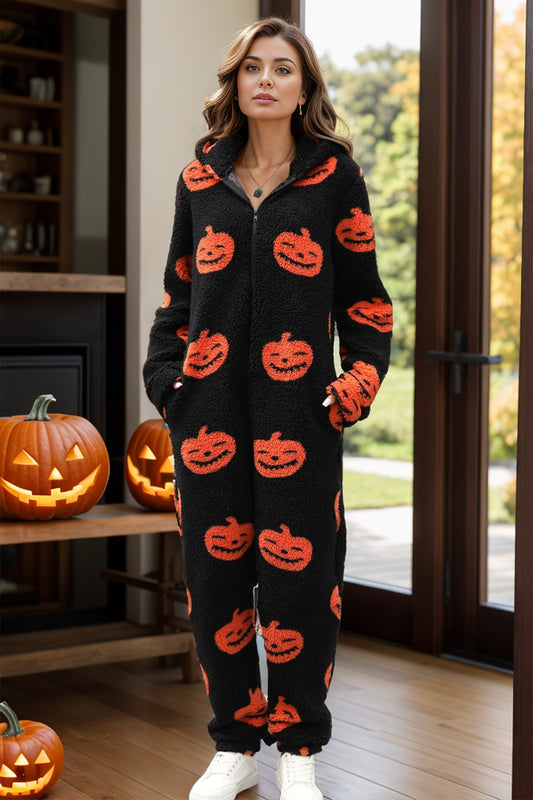 Fuzzy Pumpkin Half Zip Hooded Jumpsuit-TOPS / DRESSES-[Adult]-[Female]-Black-S-2022 Online Blue Zone Planet