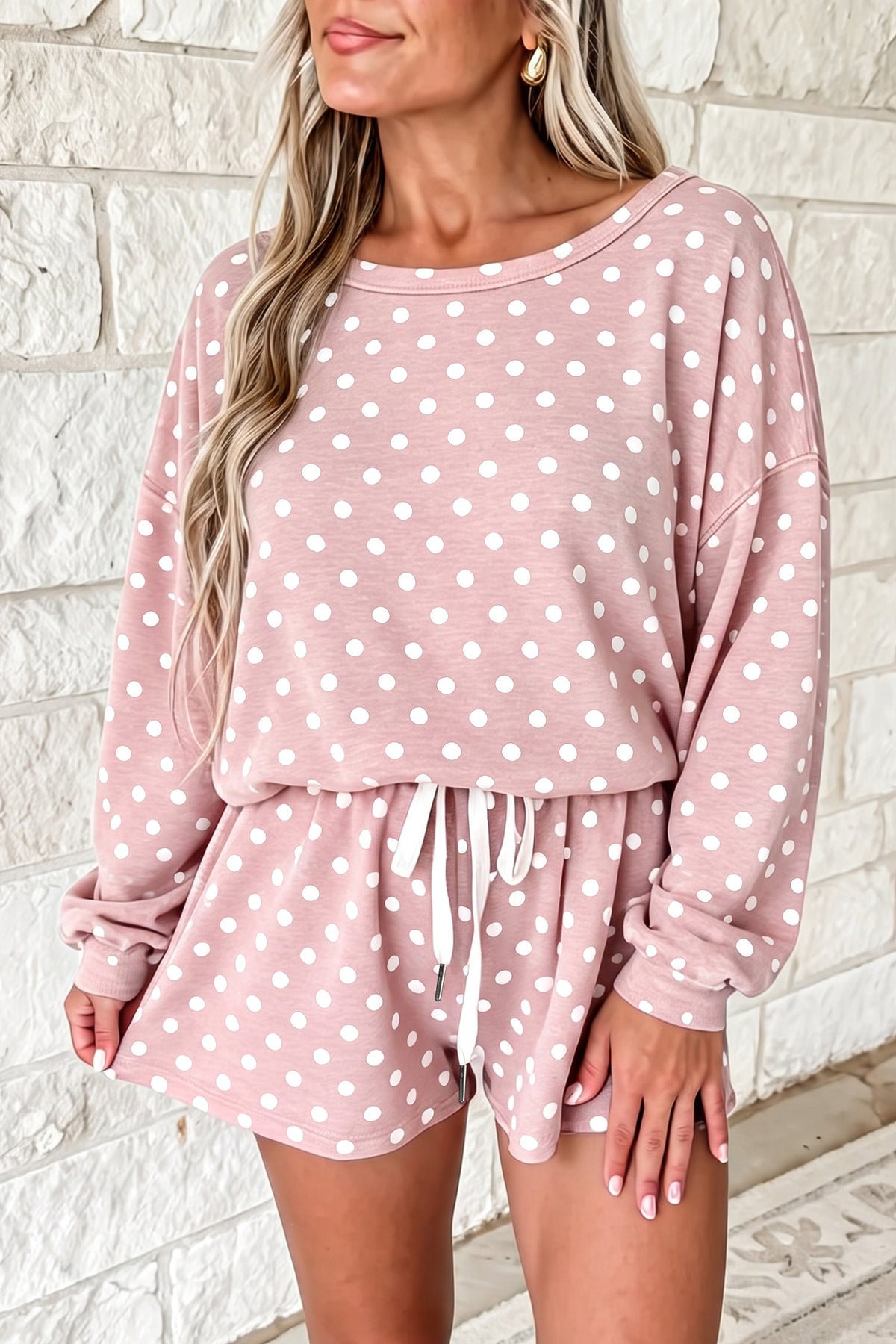 Gray Polka Dot Long Sleeve Top Drawstring Shorts Loose 2pcs Set