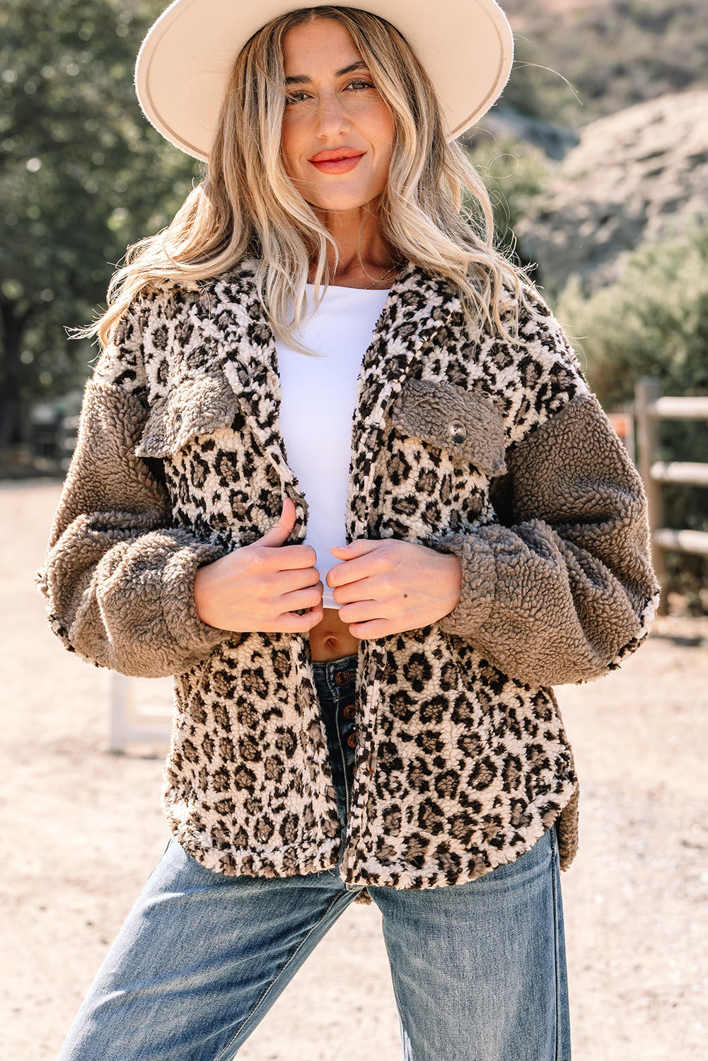 Brown Sherpa Leopard Print Flap Pocket Collared Button Up Jacket-Outerwear/Jackets-[Adult]-[Female]-2022 Online Blue Zone Planet