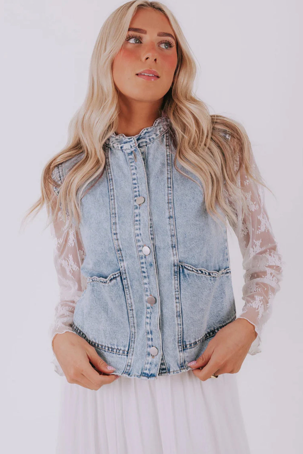 Beau Blue Scalloped Trim Patch Pocket Button Front Denim Vest-Outerwear/Vests-[Adult]-[Female]-2022 Online Blue Zone Planet