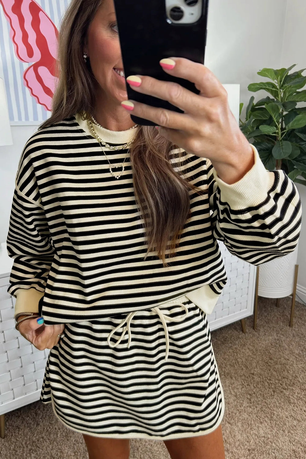 Black Stripe Textured Drop Shoulder Pullover Top Drawstring Mini Skirt Two Piece Dress Set-TOPS / DRESSES-[Adult]-[Female]-2022 Online Blue Zone Planet