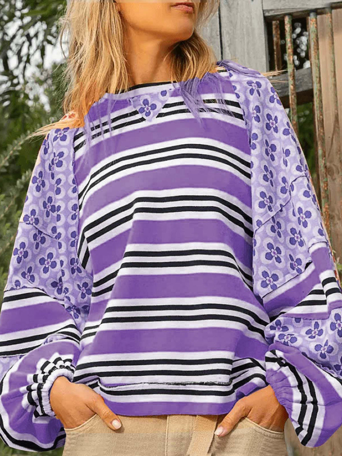 Flower & Striped Print Round Neck Sweatshirt-TOPS / DRESSES-[Adult]-[Female]-Purple-S-2022 Online Blue Zone Planet