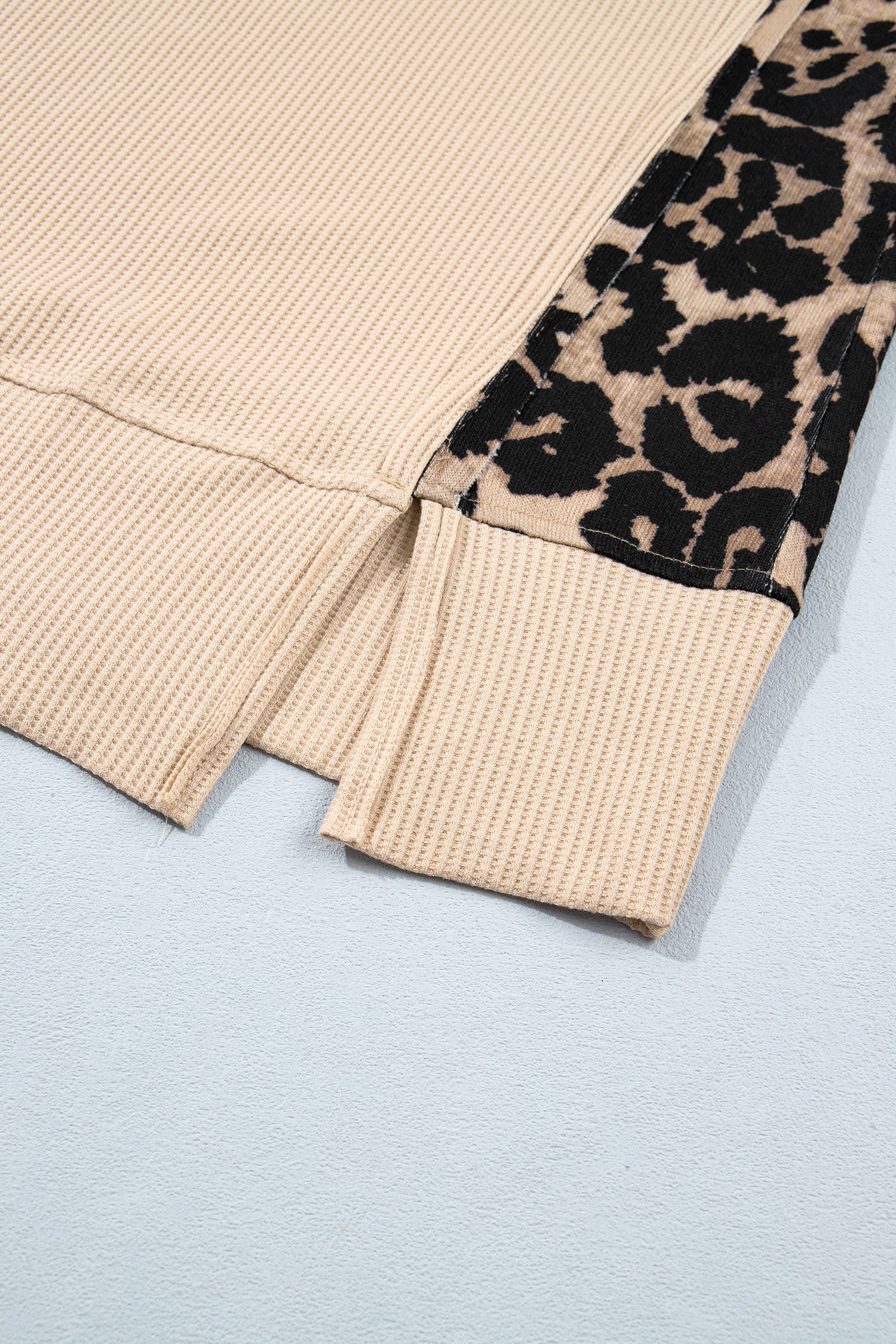 Gray Morn Leopard Sleeve Waffle Knit Split Hem Top-Tops/Long Sleeve Tops-[Adult]-[Female]-2022 Online Blue Zone Planet