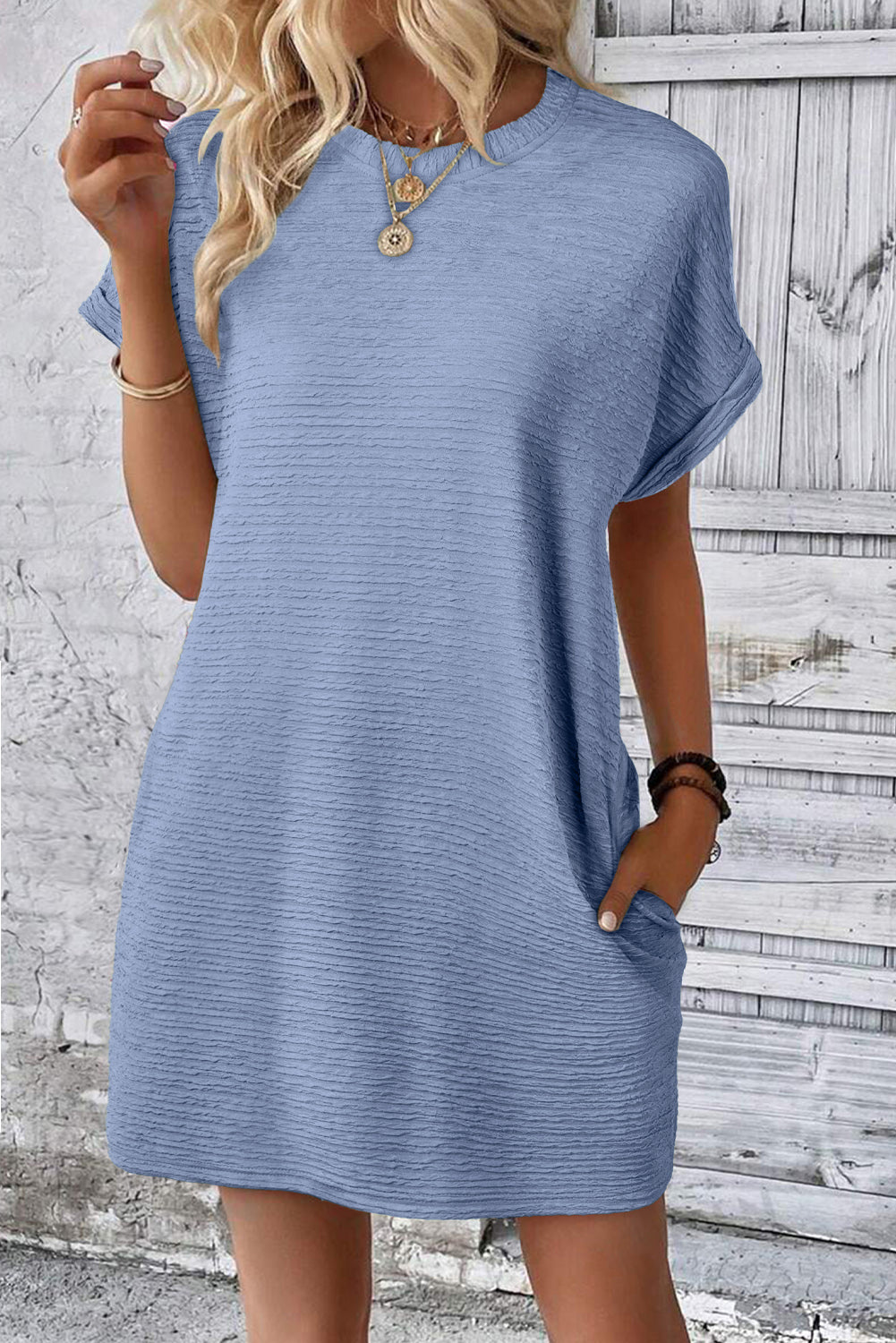 Grass Green Solid Color Textured Crinkle Short Sleeve T Shirt Dress-Dresses/T Shirt Dresses-[Adult]-[Female]-Myosotis-S-2022 Online Blue Zone Planet