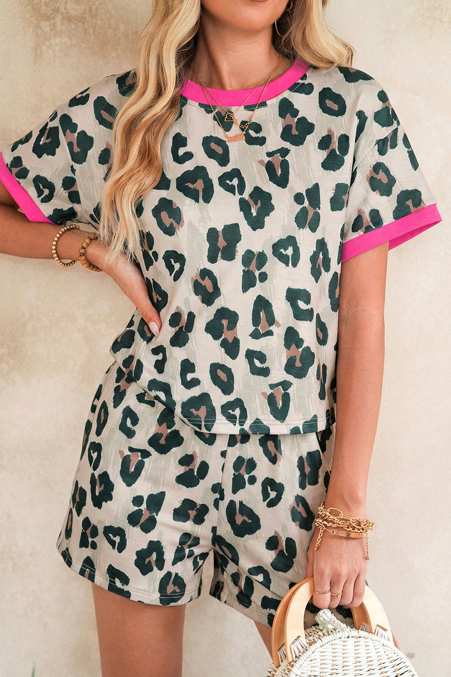 Brown Unique Leopard Print Contrast Trim Top Loose 2pcs Short Set-Two Piece Sets/Short Sets-[Adult]-[Female]-2022 Online Blue Zone Planet