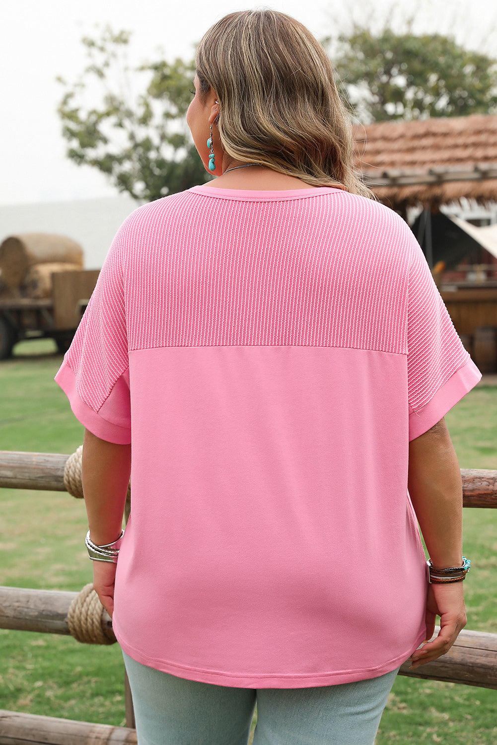 Bonbon Corded Patchwork Pocketed Plus Size T Shirt-Plus Size/Plus Size Tops/Plus Size Tops & Tees-[Adult]-[Female]-2022 Online Blue Zone Planet