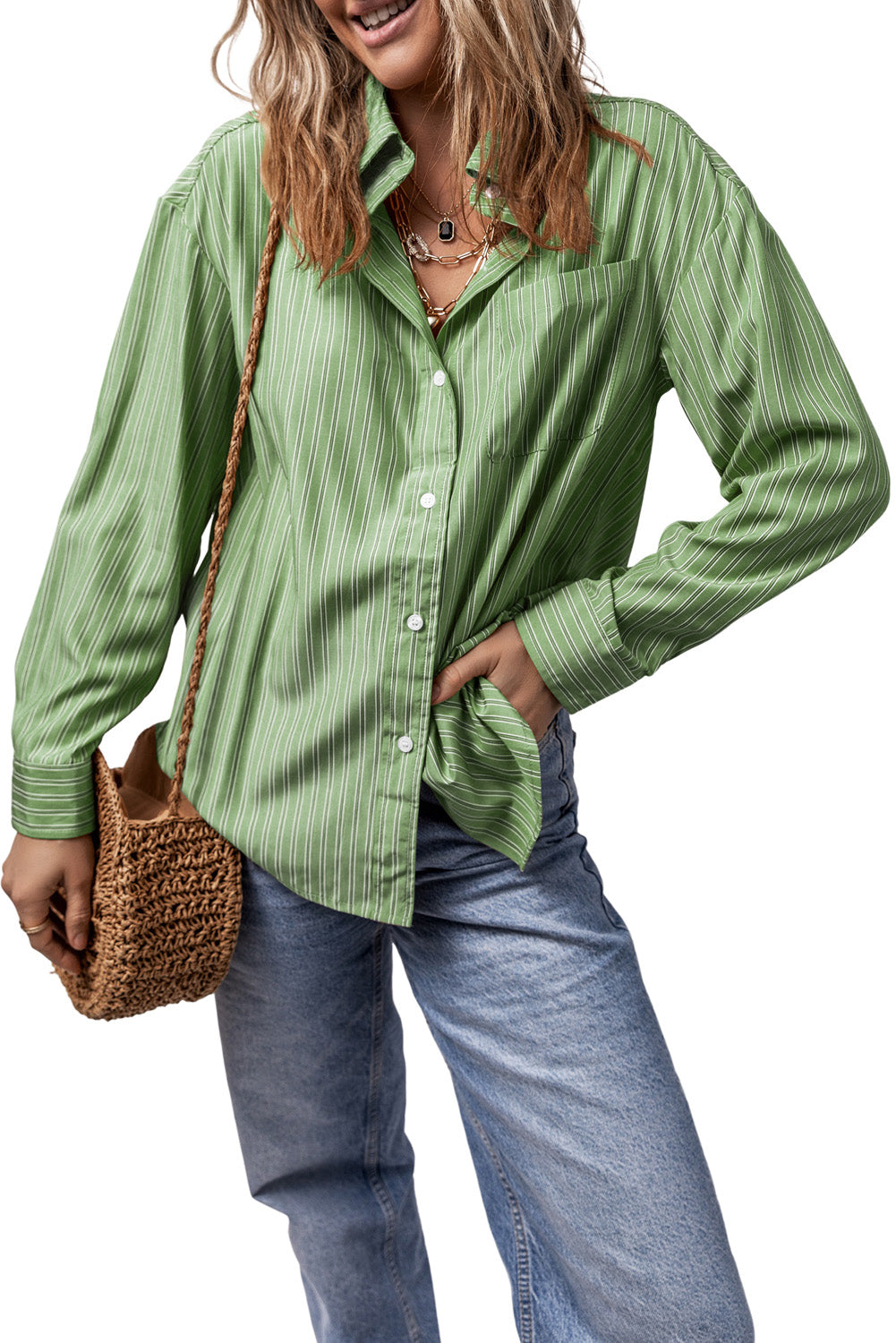 Striped Button Up Long Sleeve Shirt-TOPS / DRESSES-[Adult]-[Female]-2022 Online Blue Zone Planet