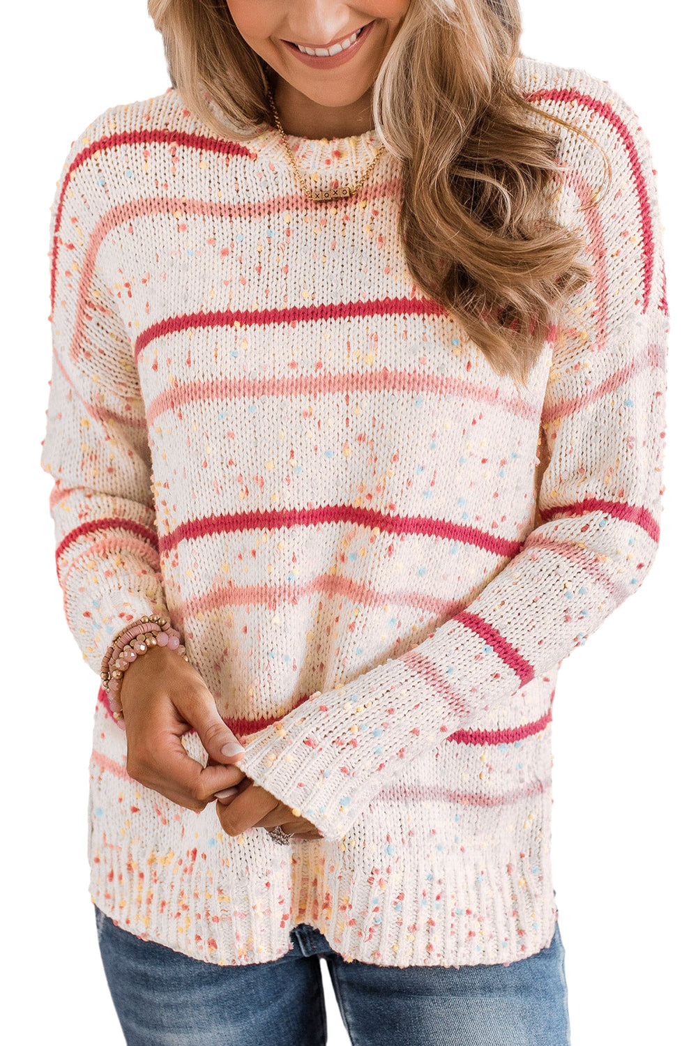 Pink Striped Confetti Drop Sleeve Knit Sweater-Sweaters-[Adult]-[Female]-2022 Online Blue Zone Planet