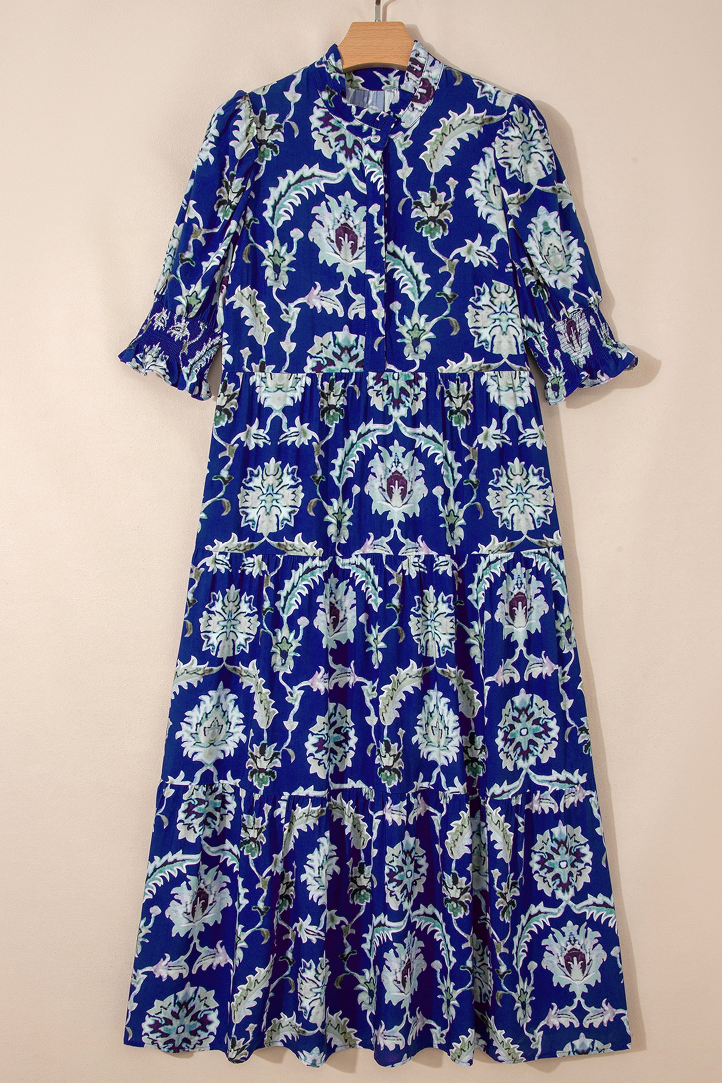 Blue Wild Floral Print Frilled Collar Half Sleeve Long Dress-TOPS / DRESSES-[Adult]-[Female]-2022 Online Blue Zone Planet