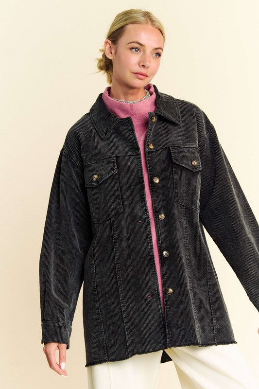 Davi & Dani Washed Corduroy Raw Hem Button Up Jacket-TOPS / DRESSES-[Adult]-[Female]-2022 Online Blue Zone Planet